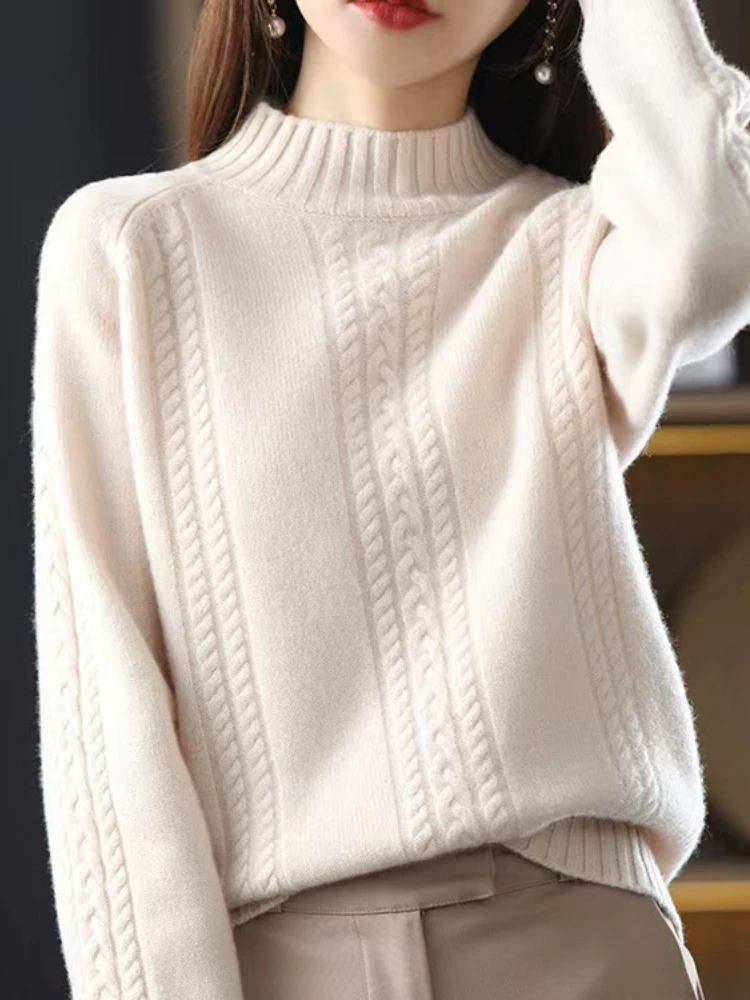 

Autumn Winter Loose Long-sleeved Solid Color Sweater Twist Shoulder Sleeve Half-high Neck Pullover Within The Bottoming Shirt