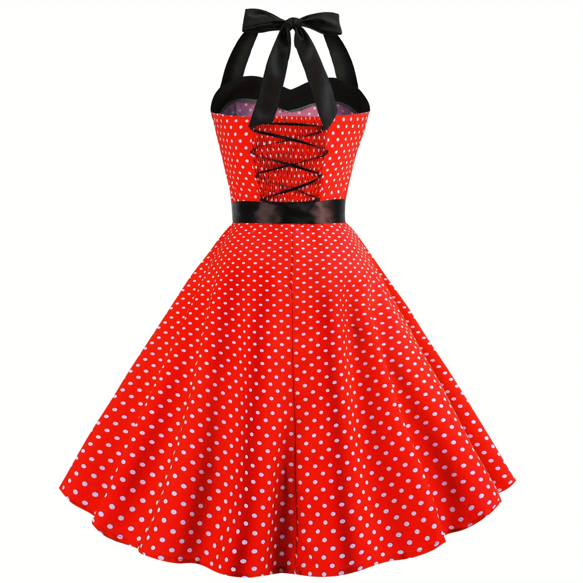 فستان Polka Dot Vintage Strappy: تنورة ضيقة بدون حمالات - تنورة واسعة برقبة رسن