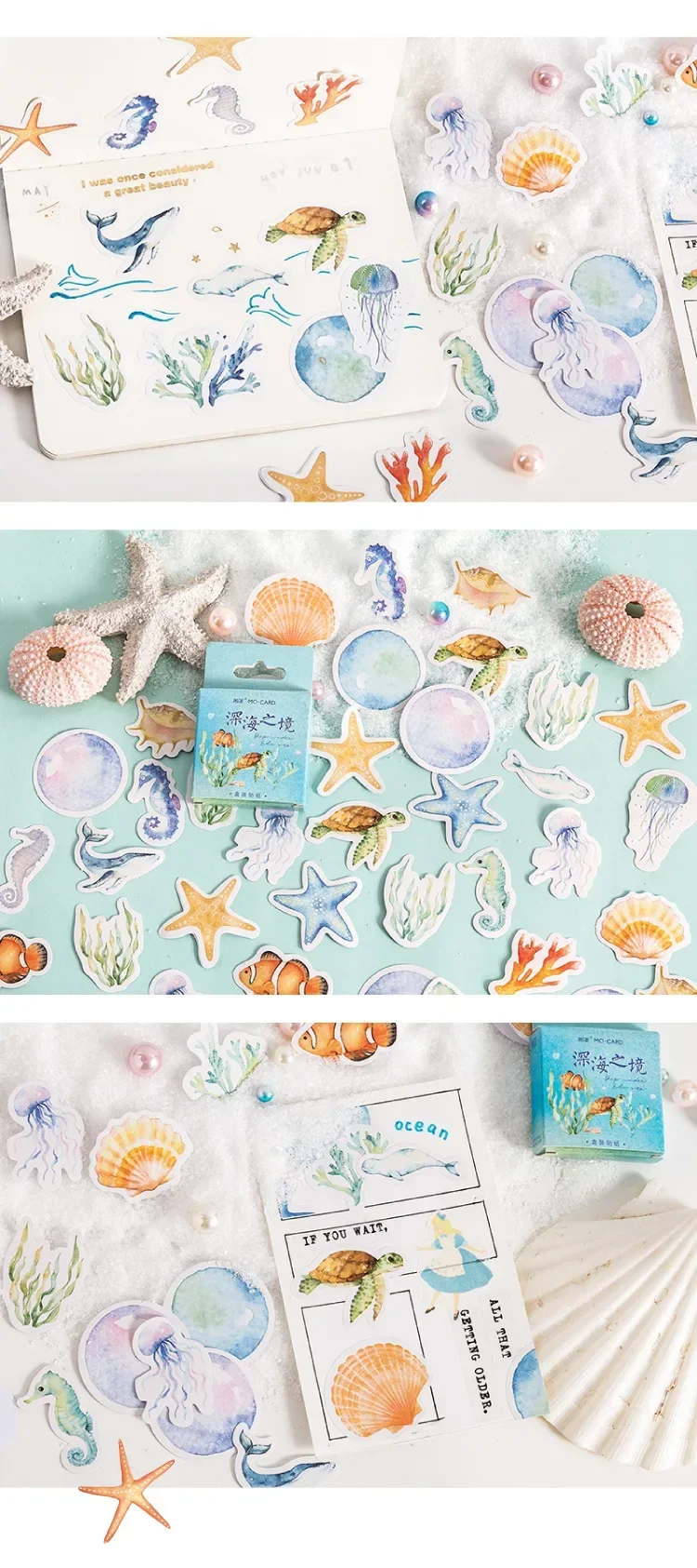 46pcs Deep Sea Realm Decorative Boxed Stickers Cute Animals Scrapbooking Label Diary Stationery Album Phone Journal Planner