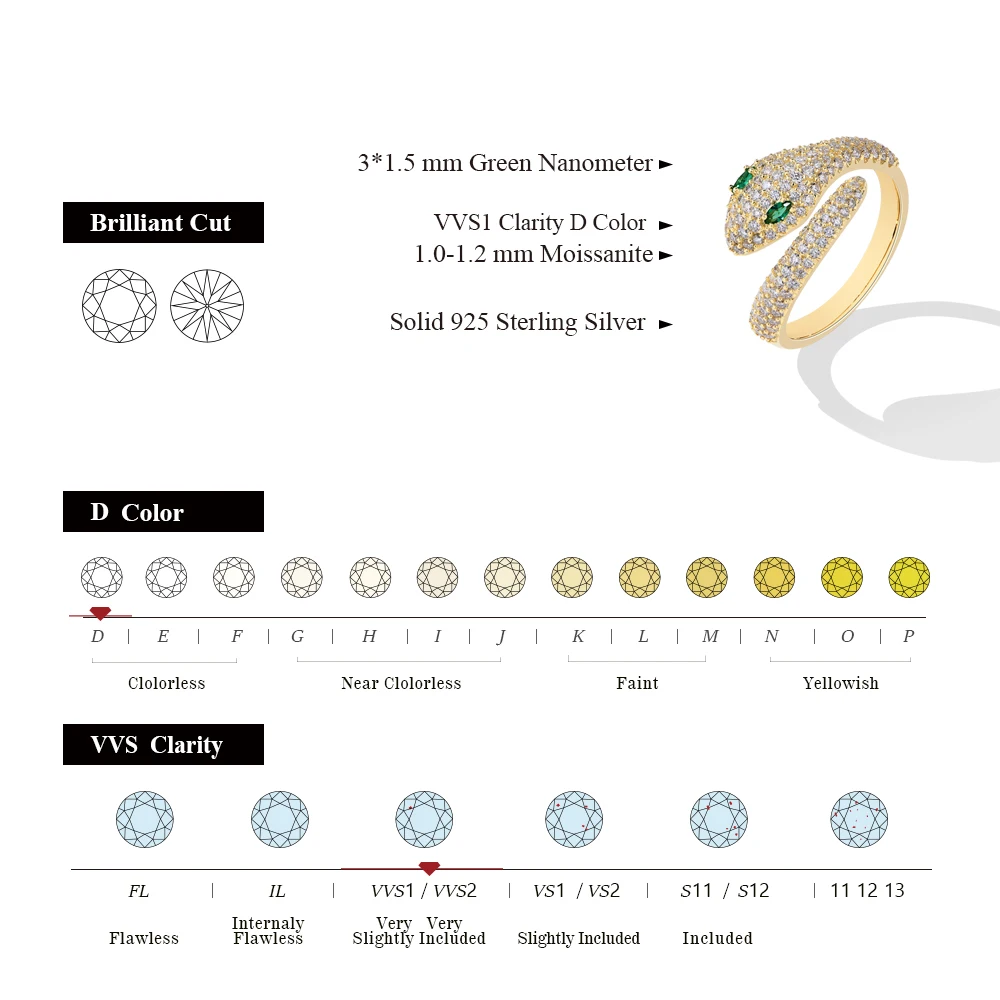 ATTAGEMS Original Snake Moissanite Rings D VVS1 Lab Diamond for Women Men S925 Sterling Silver Engagement Party Jewelry Gift New