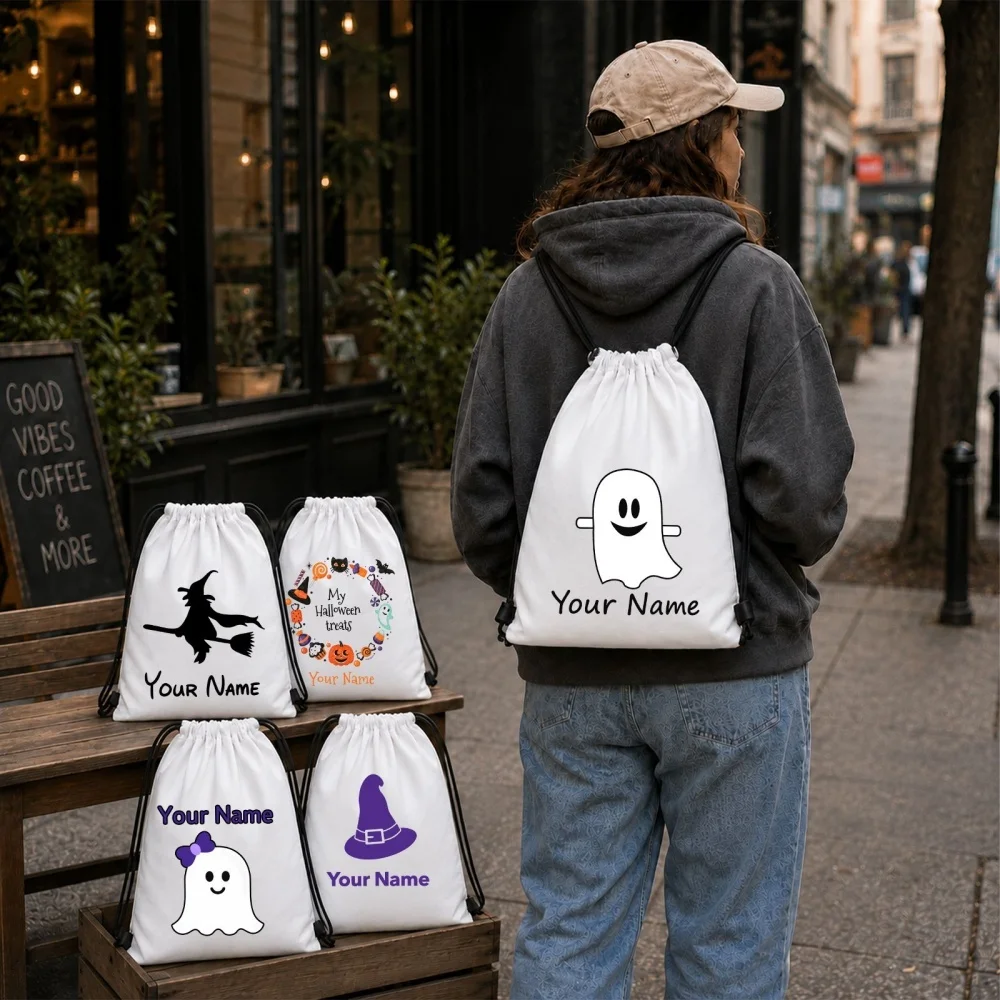 5 Pack Personalized Mixed Witch Ghost Wreath Halloween Drawstring Backpack Set Custom Name Kids Trick Or Treat Candy Bags