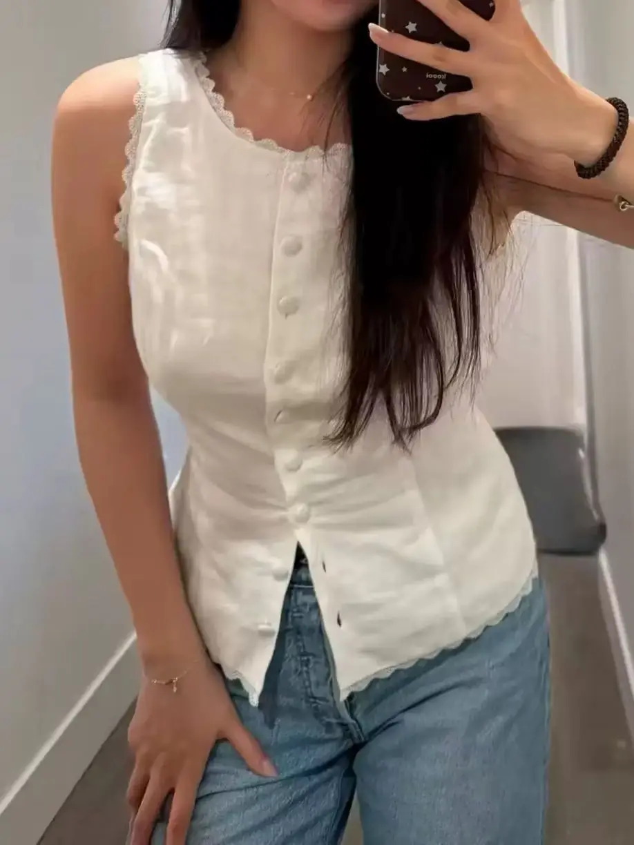 2026 Women Lace Spliced Vest Back Lace-up Waist Sleeveless Round Neck Single Breasted Fashion Slim Linen Tank Top