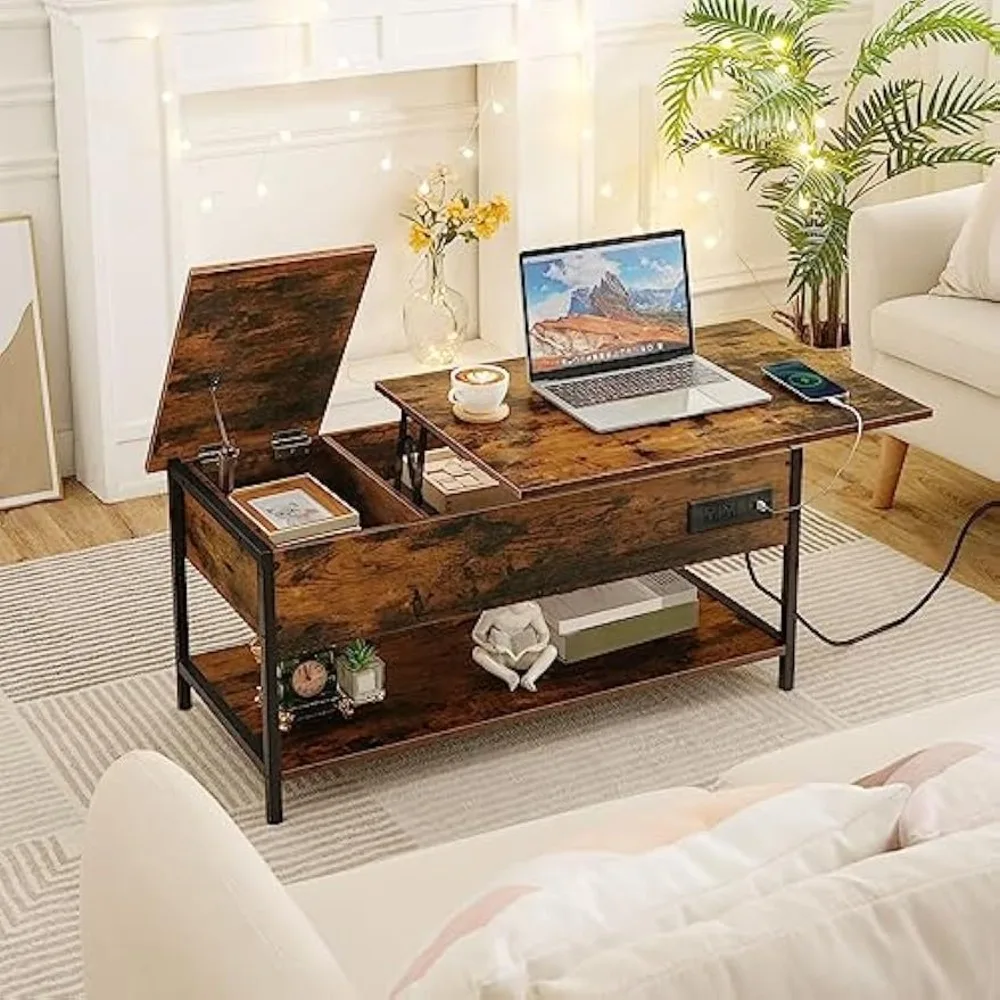 Coffee Table for Living Room, Coffee Table with Lift Top and Power Outlet,Coffee Table with Charging Station Rustic Brown Black