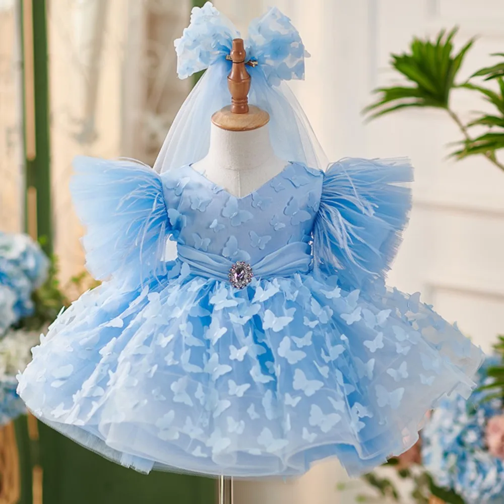 3D butterfly blue multi-layer mesh children's dress girl's gauze dress flower girl birthday princess fluffy dress