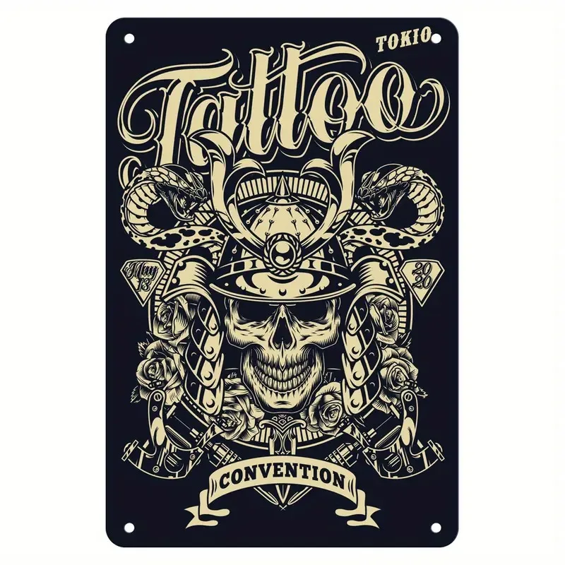 

of vintage Tattoo and Adventure metal tin logo - intricate skull, snake rose design with Tokyo conference text,