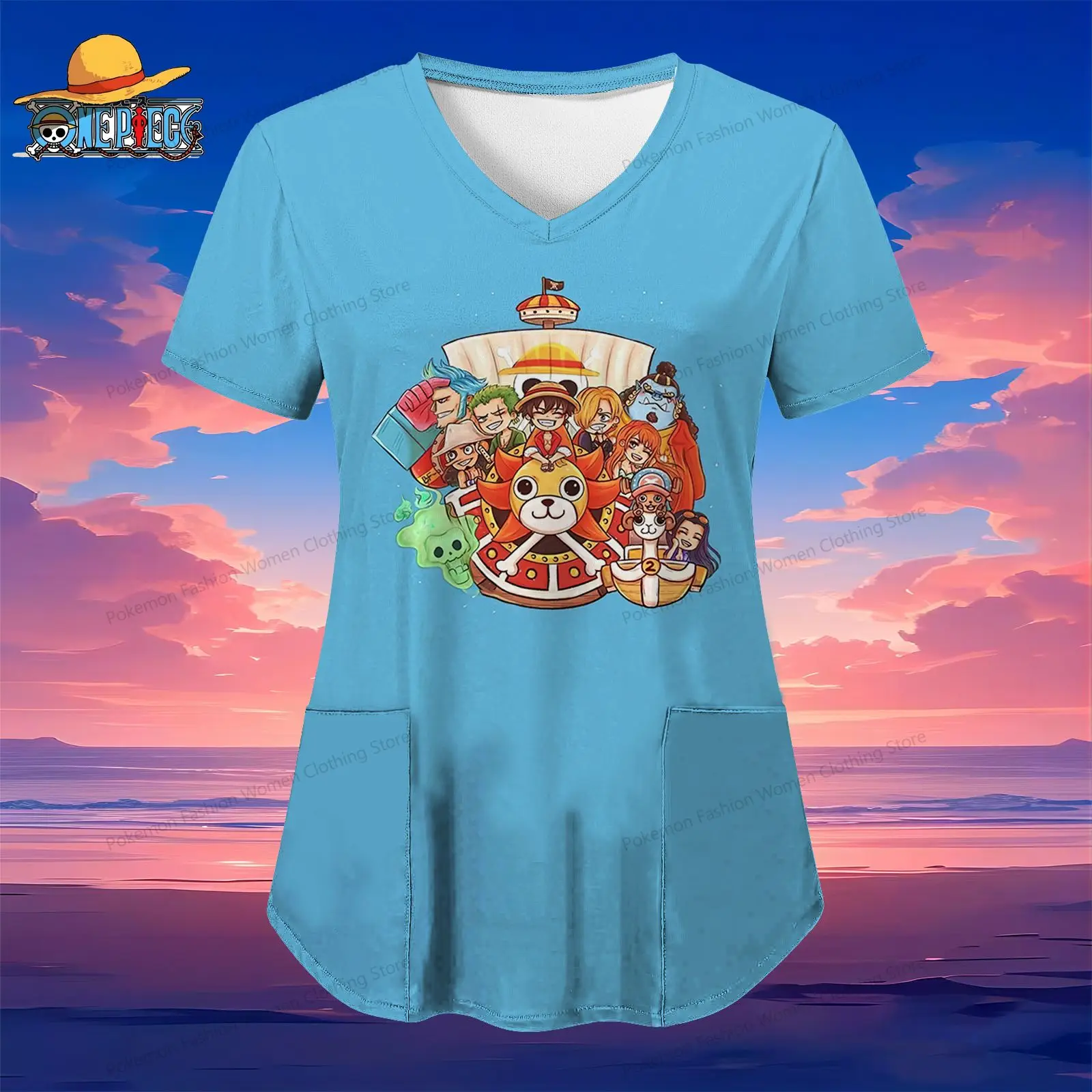 Pocket Luffy Women's V Neck Nurse Uniform T-Shirt One Piece Y2k Summer Top Woman Clothing Street Wear Anime Tops S-2XL Kawaii