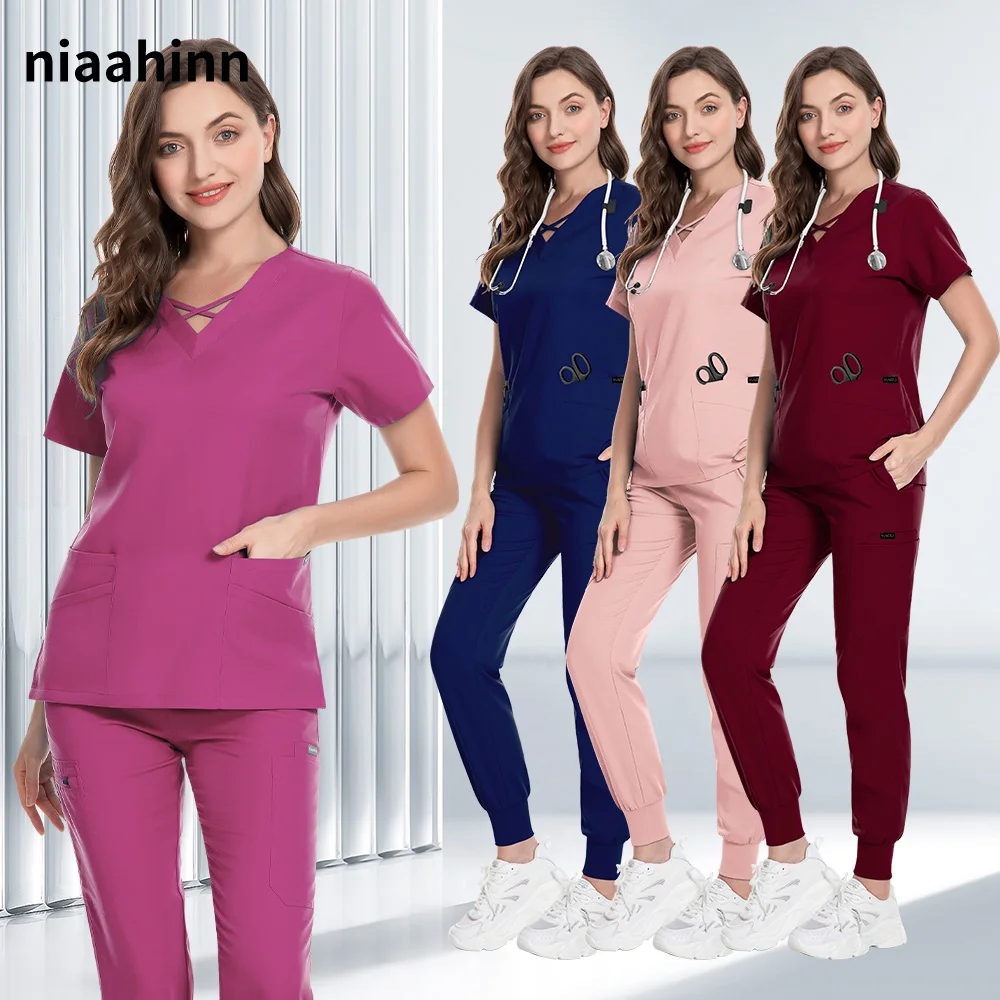 Hospital médico enfermeira uniforme feminino esfrega ternos cirúrgicos topos calças multicolorido workwear casual jogger roupas médico esfrega conjunto