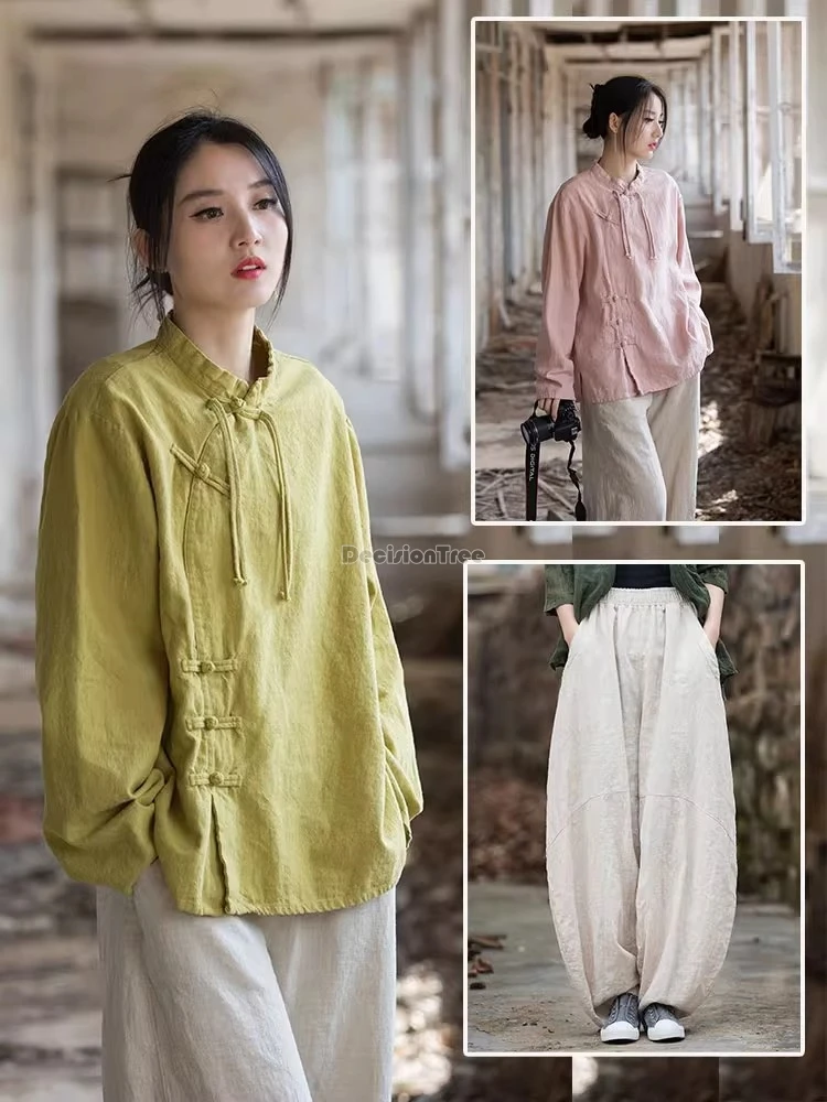 

Новинка 2023 года, костюм дзен-чай Тан в китайском стиле, женский комплект в стиле ретро, наклонный Cheongsam, пуговица, хлопковая льняная блузка с длинными рукавами, комплект из 2 предметов t01