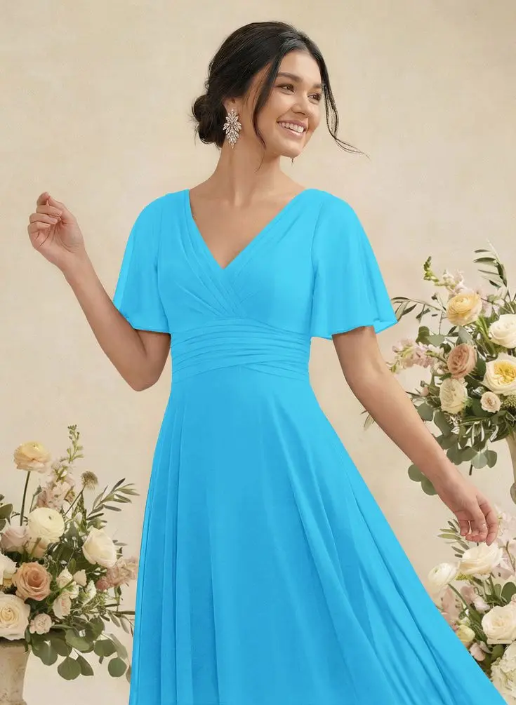 Customized Wedding Party Dresses A-Line V-Neck Short Sleeves Floor-Length Chiffon Bridesmaid Gowns With Sweeping Side Drape