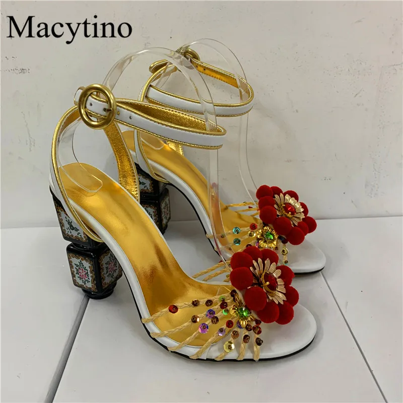 Building Block Heel Design Ladies Slippers Round Toe Flower Decor High Heel Chunky Heel Summer Fashion Party Sandals