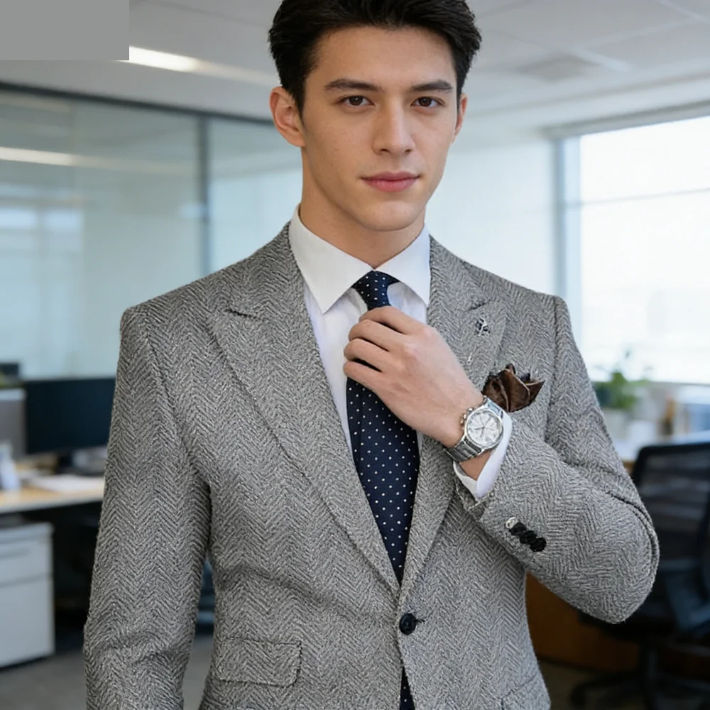 

Outono inverno masculino espinha de peixe blazer smoking apenas casaco lã tweed único breasted formal bussiness_casamento baile