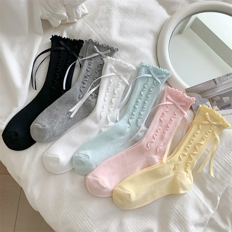 

Lolita Socks for Girls with Side Bow Winter Warm Soft Pile Lined Crew Socks Kawaii Sweet Style Ribbed Cuff Ankle Socks