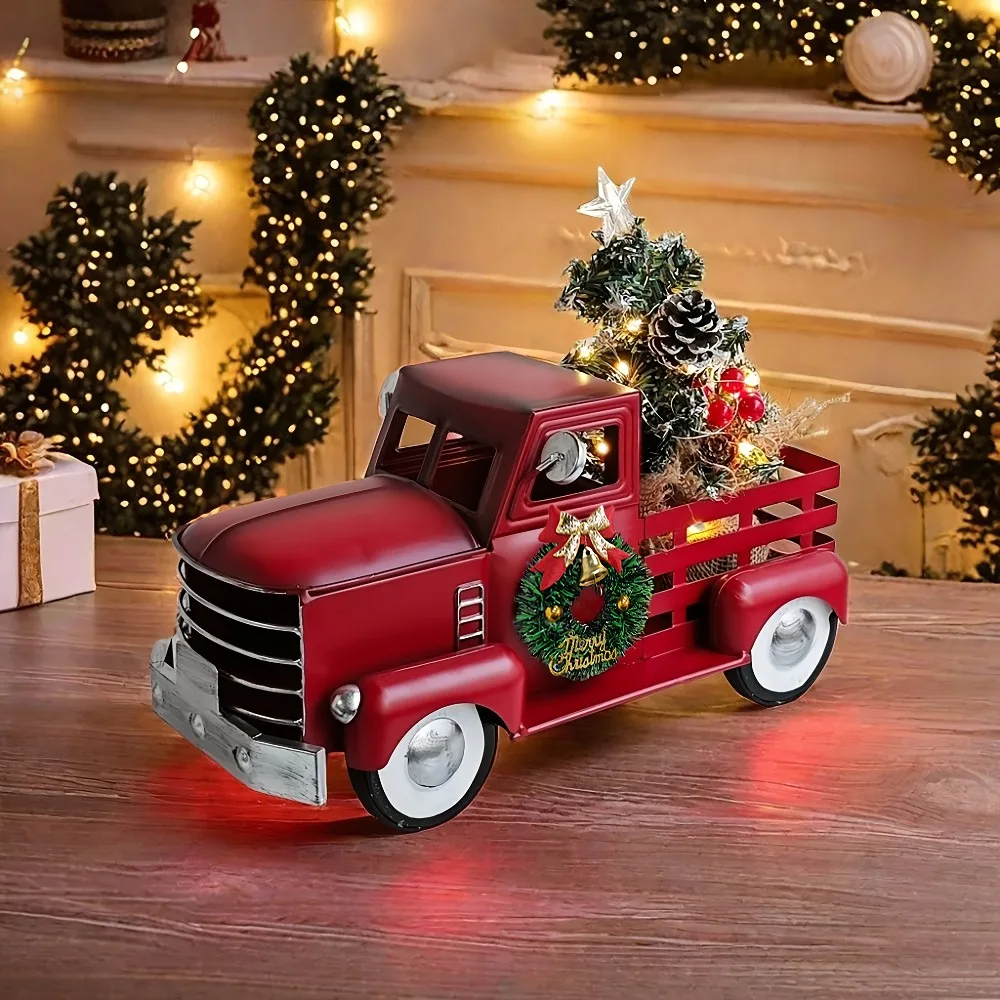 Little Red Truck Christmas Gift with Mini Trees & LED String Lights Metal Pickup Truck Car Model for Table Top Decor