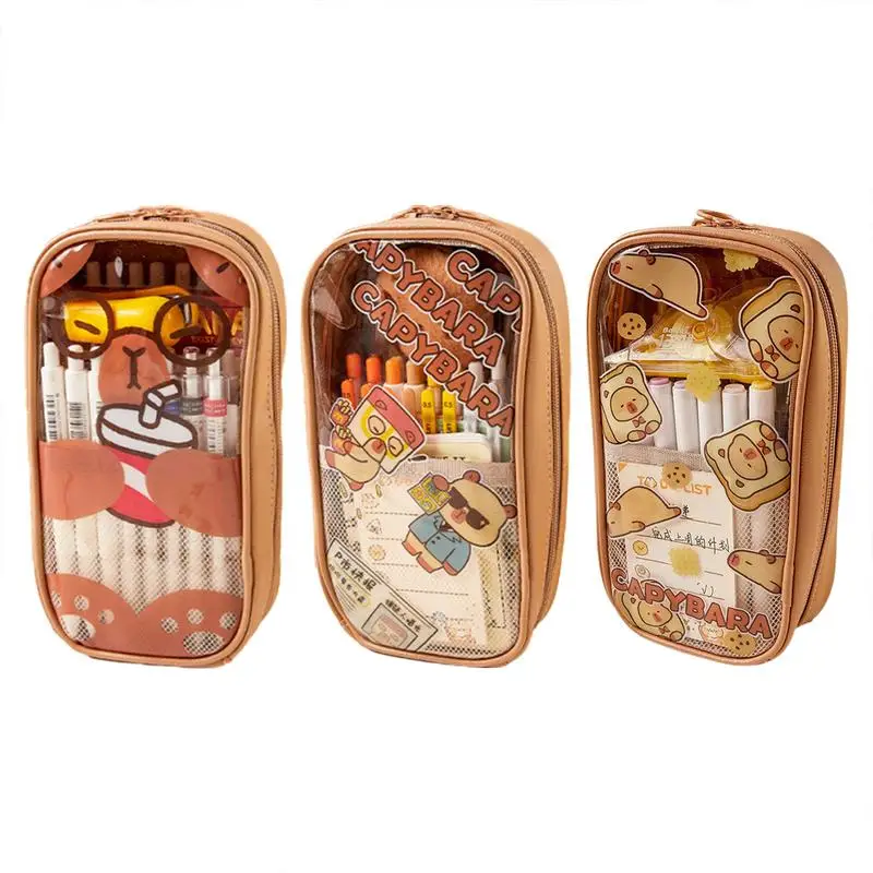 Capybara Print Pencil Case Cute Multifunctional Large Capacity Stationery Storage Pouch Muti Layers Pen Bag Student Pencil Bag