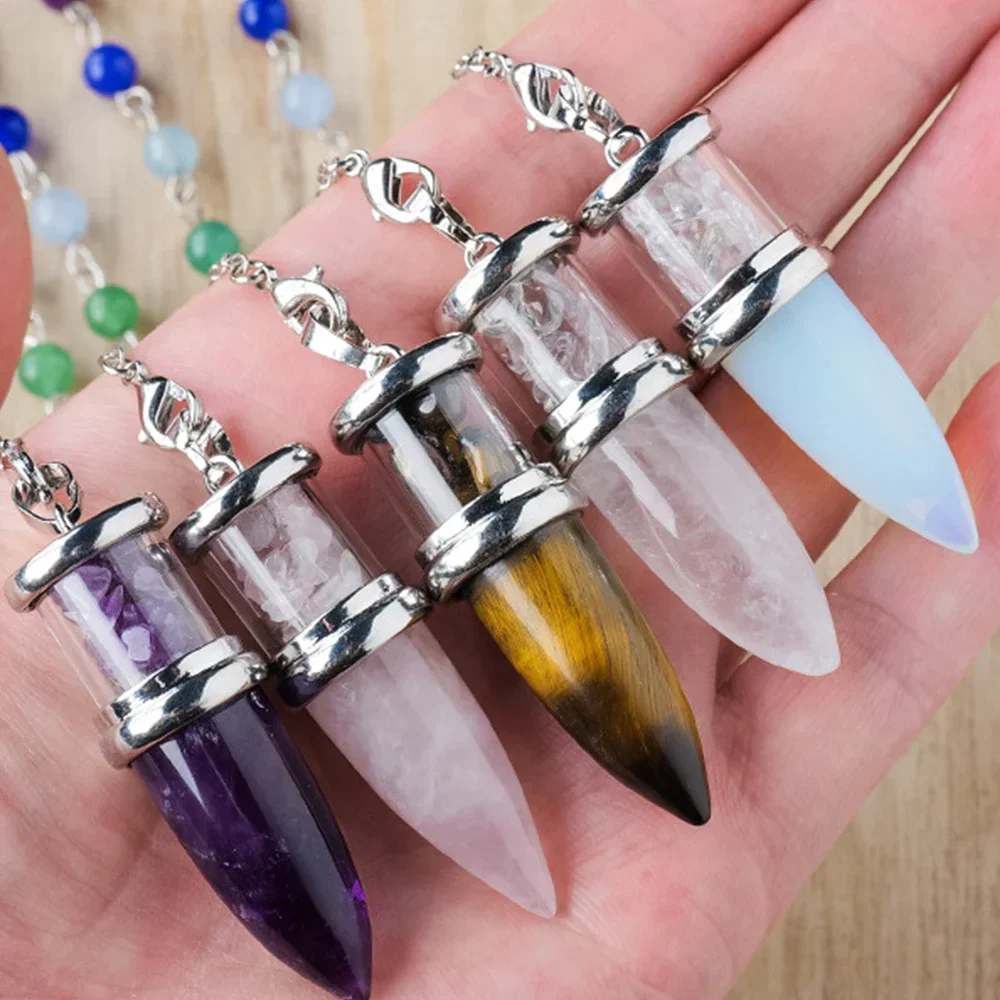 

Wishing Bottle Bullet Pendulum Natural Amethyst Stones Pendant Healing Gravel Rose Quartz 7 Chakras Chain for Divination Jewelry