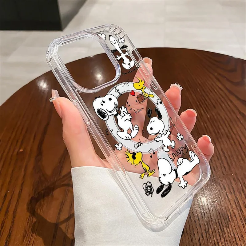 Capa Magnética Magsafe, Carregamento Sem Fio, Animação, 15, 14, 13, 12, 11 Pro Max, XR, X, Cartoon Snoopy Clear Phone Case