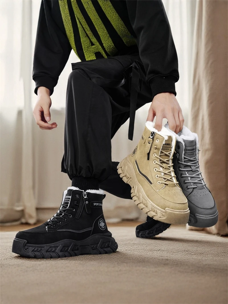 Men's Winter Fleece Lined  High Top Thick Bottom Outdoor Snow Boots Anti Slip Workwear Casual Leisure Zipper Closure