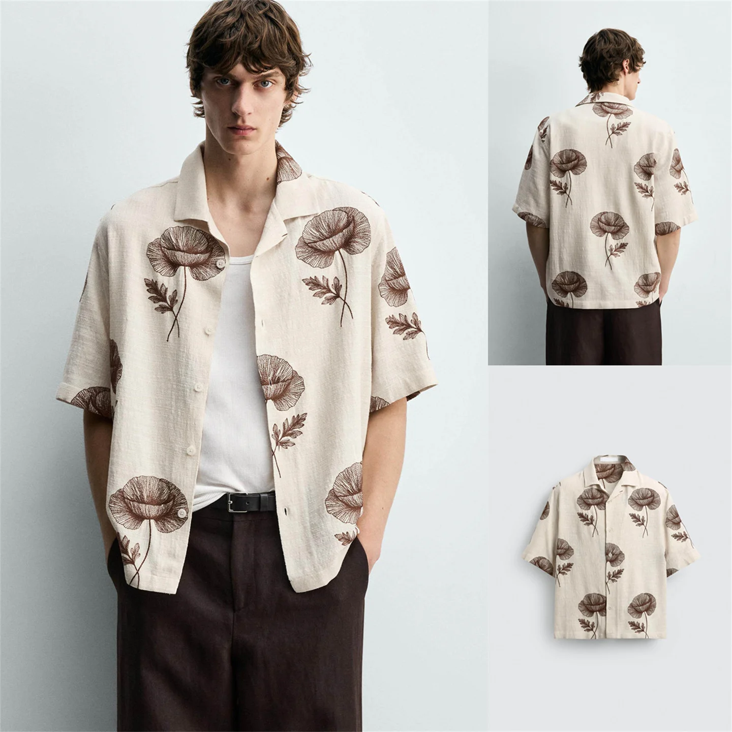 

Spring Summer New Men's Fashion Loose Floral Color Block Stitching Shirt Casual Cotton Polyester Short Sleeve Youth Popular