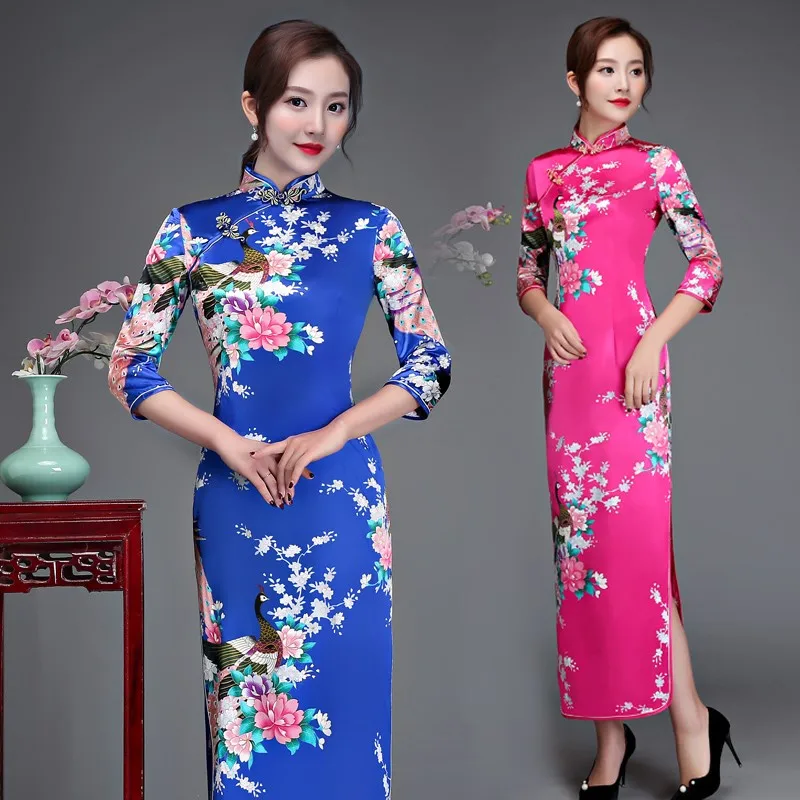 size 6XL Floral & Peacock Chinese Lady Cheongsam Qipao Print Flower Sexy Long Dress Bride Wedding Evening Party Gown Vestidos