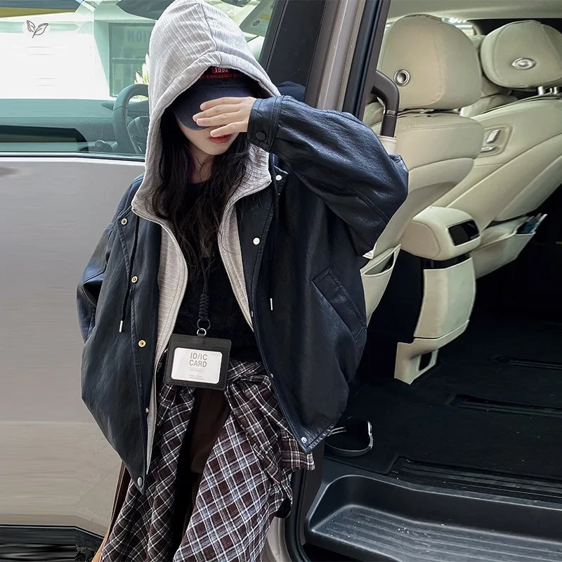 Girls' Jacket 2026 Autumn Outfit New Big Children's Retro Leather Children's Fake Two-piece Hooded Leather Jacket