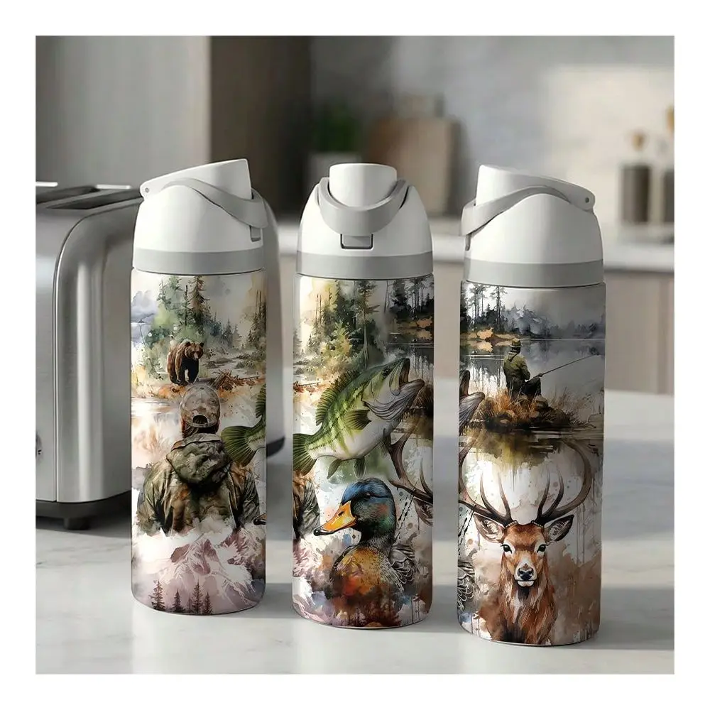 24-ounce insulated stainless steel water bottle, realistic watercolor paintings of wild animals, including deer, bass, and mallard ducks