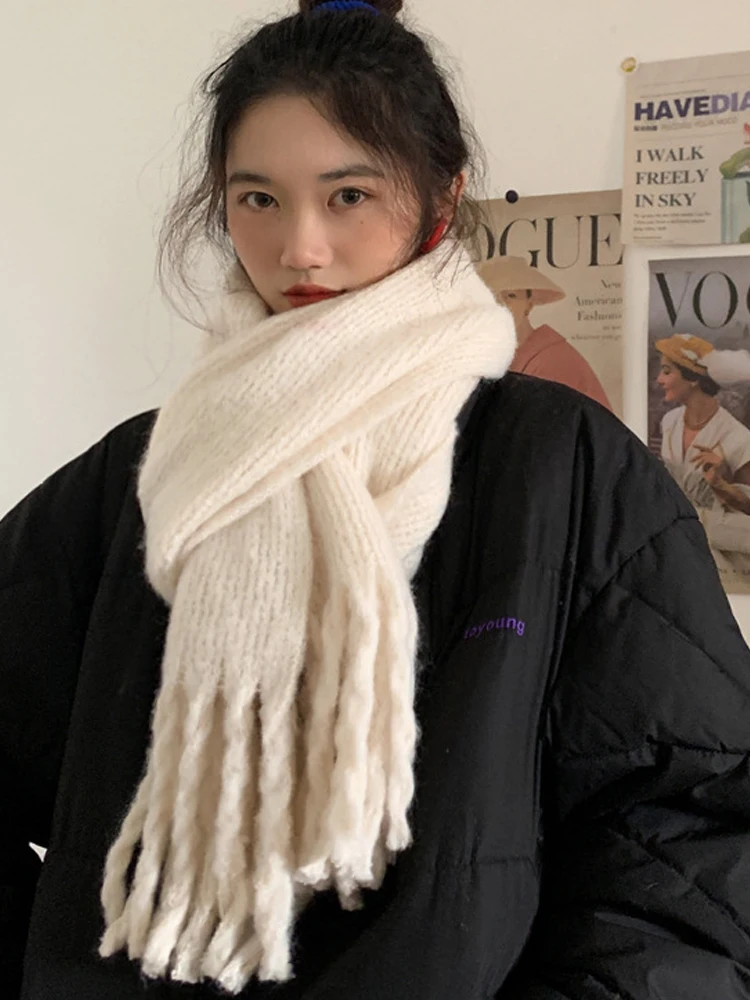 

Winter Autumn New Solid Color Tassel Knit Thread Elegant Temperament Women Scarf Thickened Warm Defend Cold Collar Long Shawl