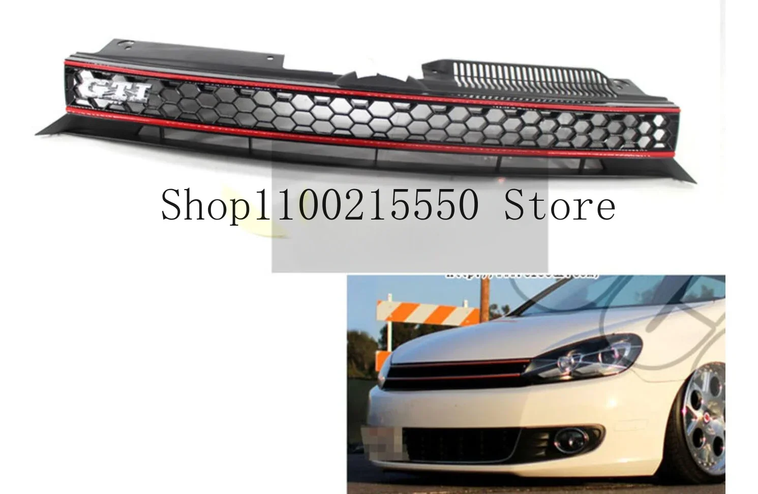 Badgeless Hex Mesh Grille Black W/ Red Trim for VW MK6 Golf GTI Jetta Sportwagen 2009-2012