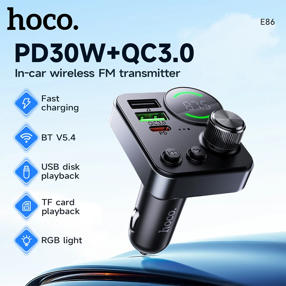 

HOCO E86 48W Dual Port PD30W+QC3.0 Car Bluetooth 5.4 FM Transmitter In Car Phone Fast Charger Digital Display Cigarette lighter
