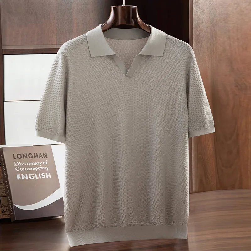 

% Silk Knitted Short Sleeve-Shirt Men, Thin Summer Fashion Collar Knitted Half Sleeve