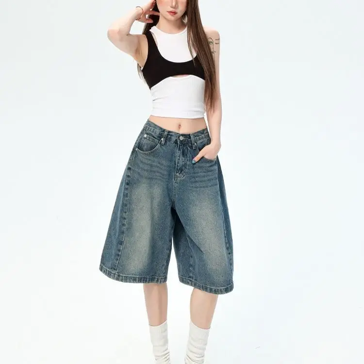 Simple Retro Solid Color High-waisted Holiday Denim Five-point Pants 2026 Summer New Korean Fashion Casual Wide-leg Pants