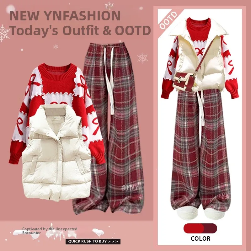 

Winter Fashion Set Women's Loose Vest Cotton Knitted Sweater Slimming Red Plaid Pants Three-Piece Suit Casual Street Style En...
