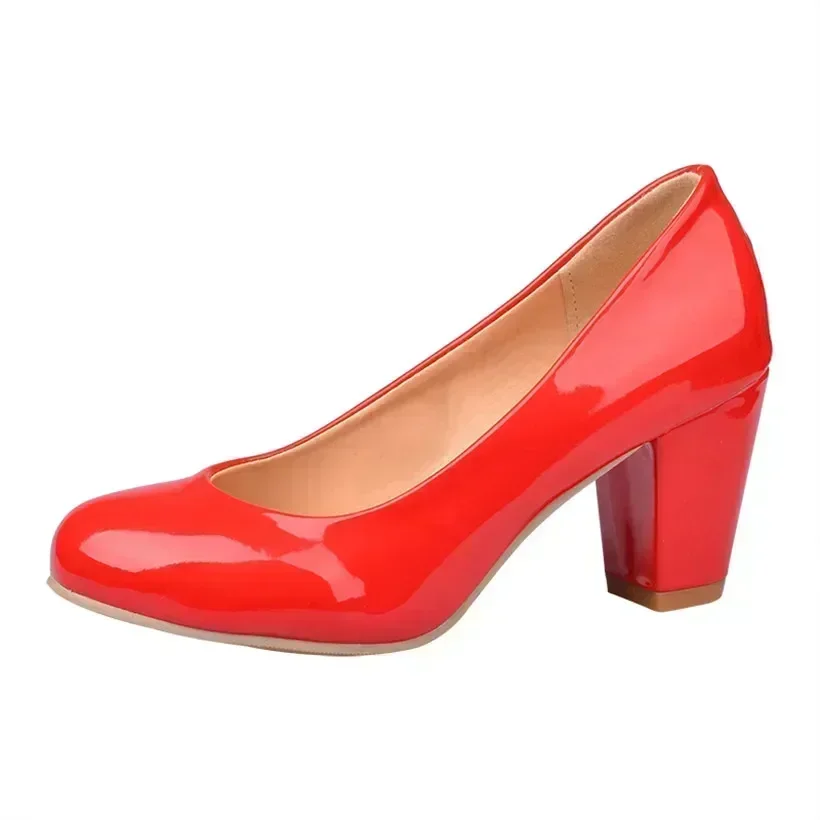 Spring Women Pumps Chunky Block High Heels Red Patent Leather Round Toe Casual Office Slip-on Dress Ladies Shoes Zapatos Mujer