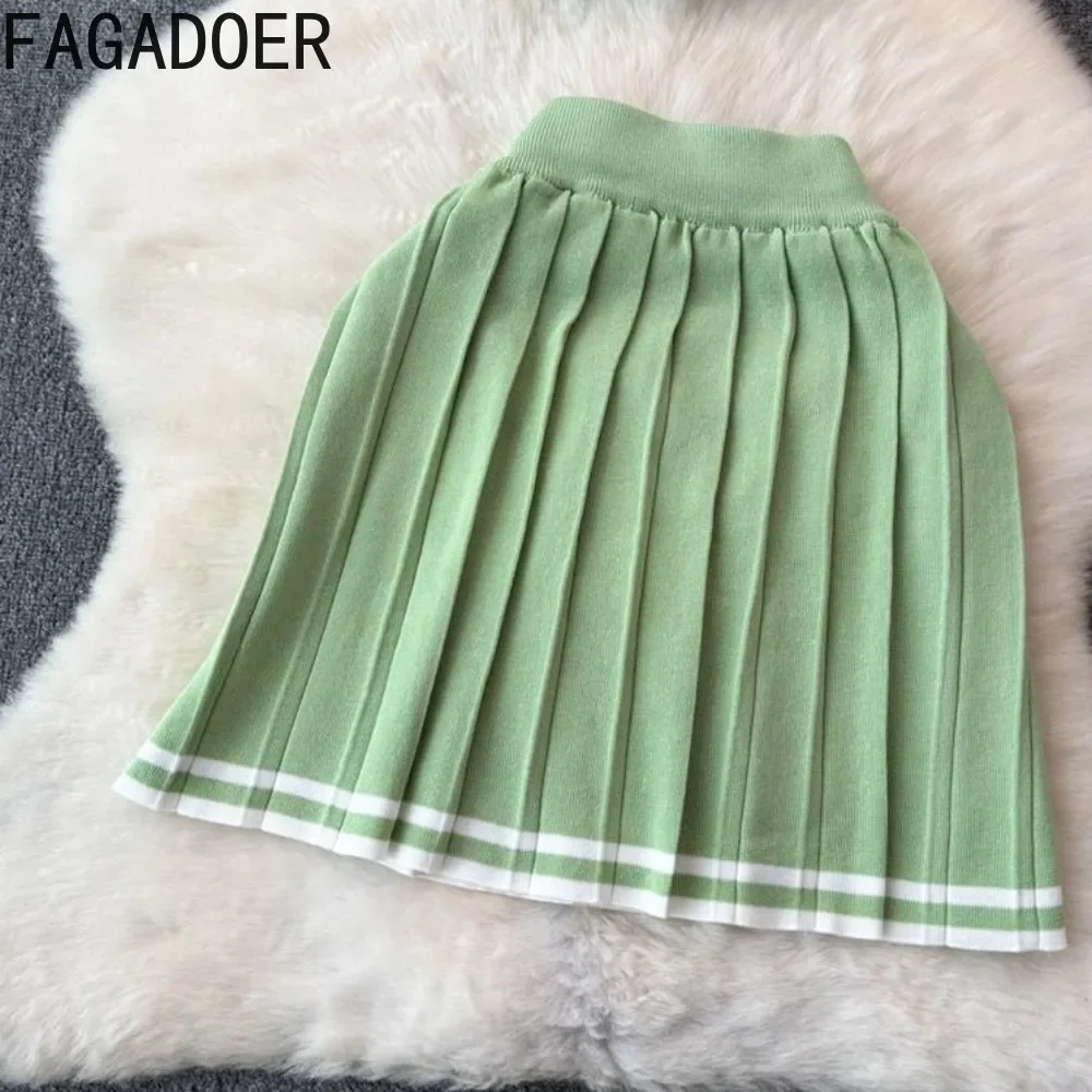 FAGADOER Elegant Knit 2 Piece Sets Women Outfit Stripe Patchwork Lapel Crop Top And Mini Pleated Skirt Suits Autumn New