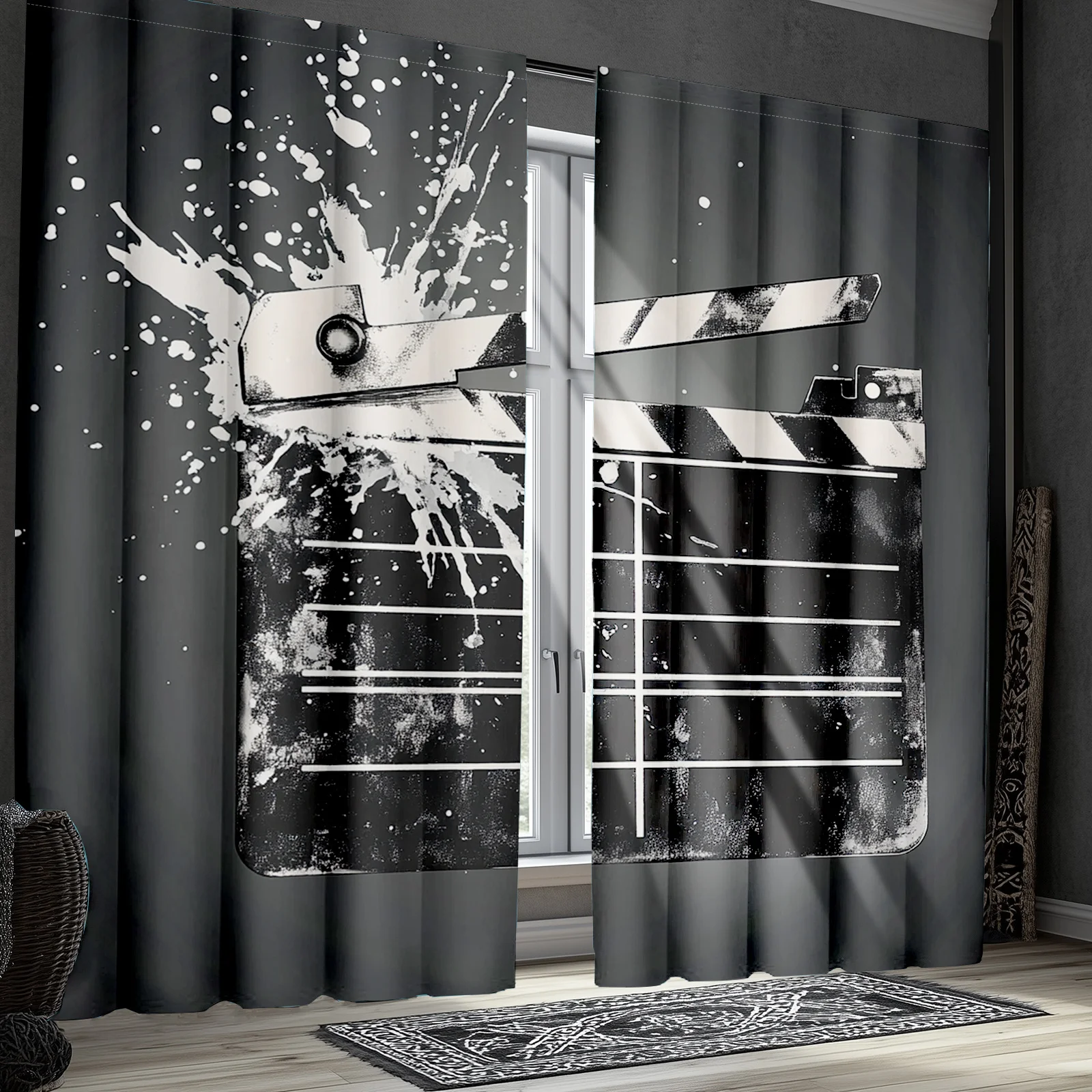 2pcs Grunge Movie Curtains, Clapper Board and Retro Film Backdrop for Window Drapes