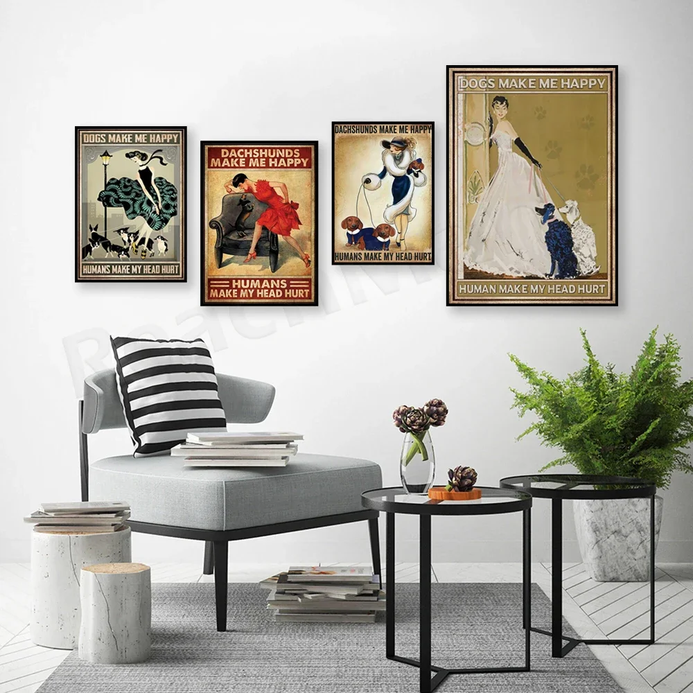 Dogs Make Me Happy Humans Make My Head Hurt Poster, Dogs Poster, Inspirational Decorative Vintage Wall Art Poster for Dog Lovers