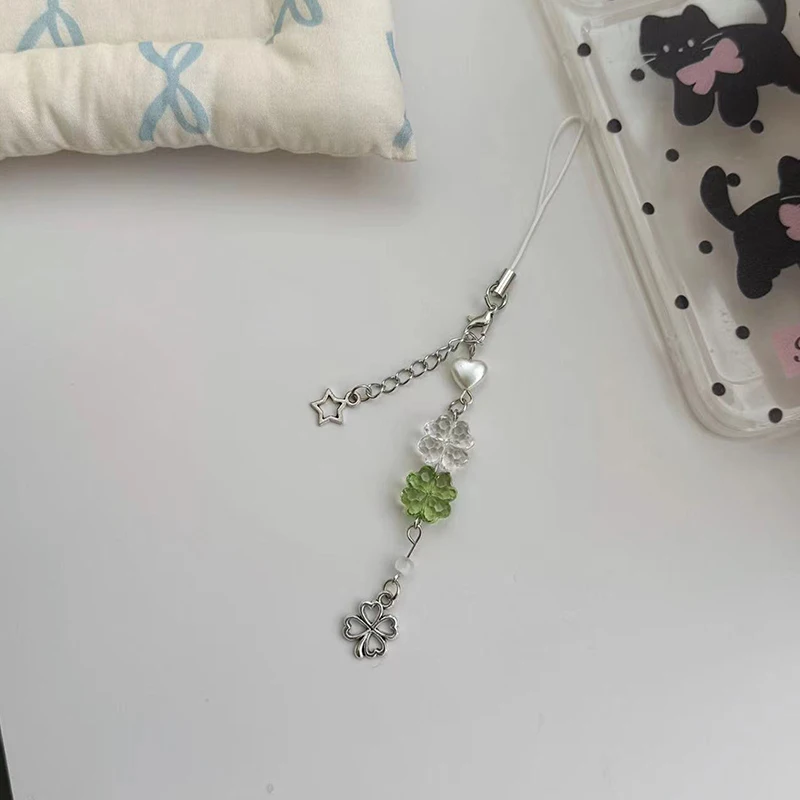 

Lucky Four-Leaf Clover Mobile Phone Chain Cute Beaded Clover Phone Charm Pendant Anti-lost Lanyard Earphone Case Strap