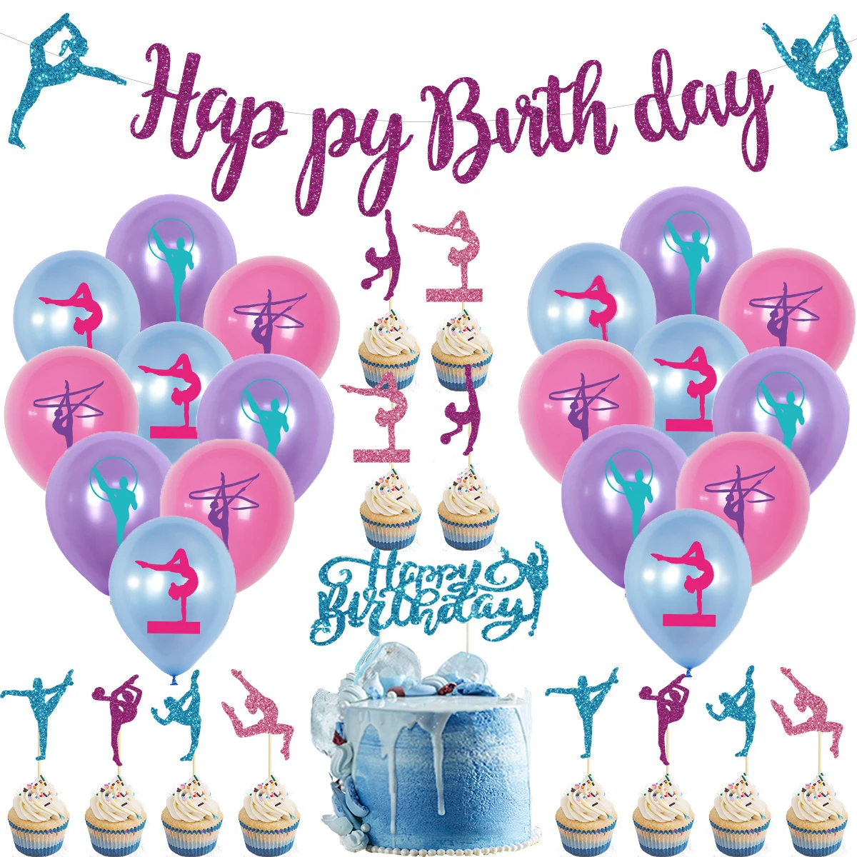 Sursurprise Gymnastics Theme Birthday Party Decoration Balloons Happy Birthday Banner Cake Topper Gymnast Girl Party Supplies