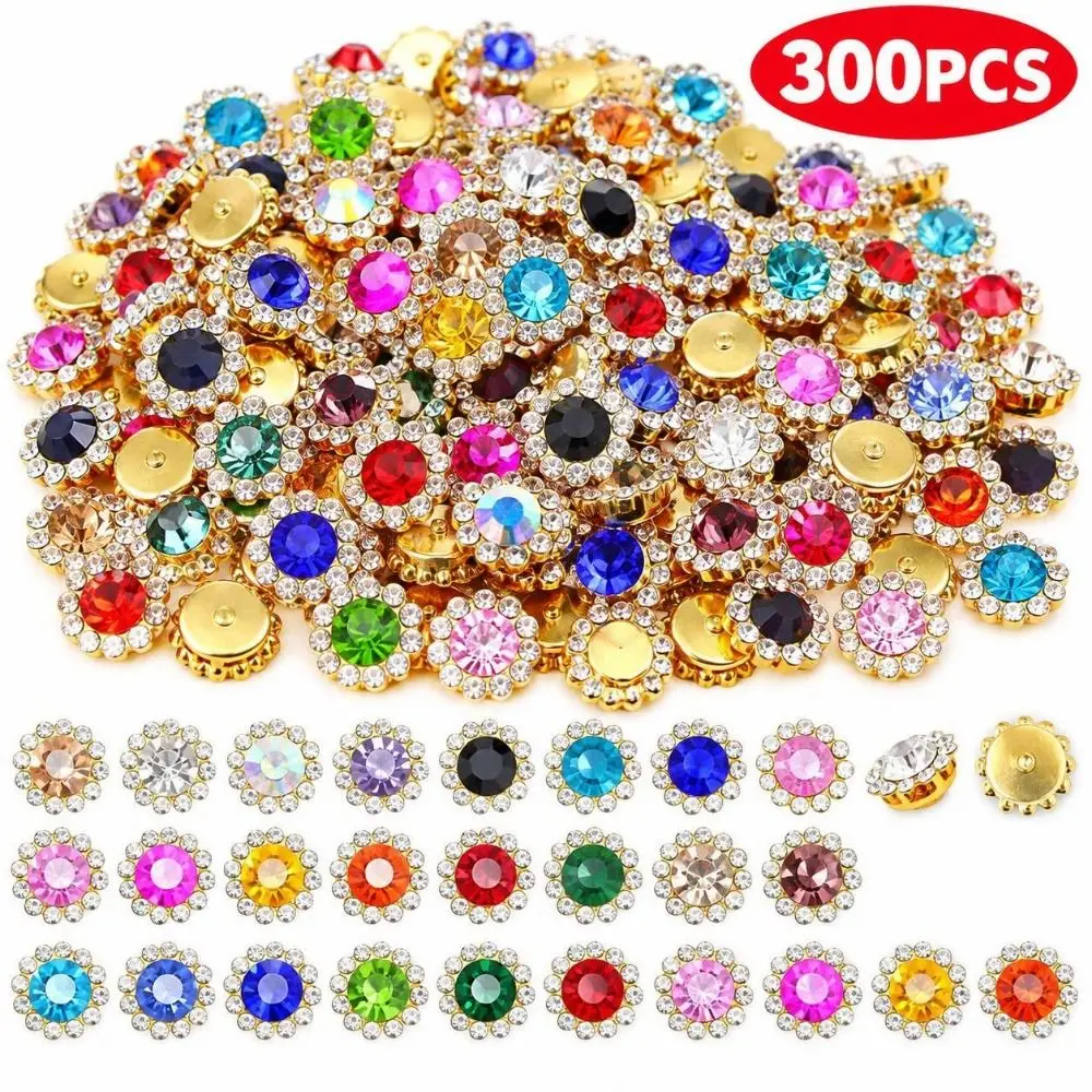300pcs Assorted Color Rhinestone Buttons Bright Finish Gold Tone Base Sew On Rhinestones Glass Rhinestone Multi Size