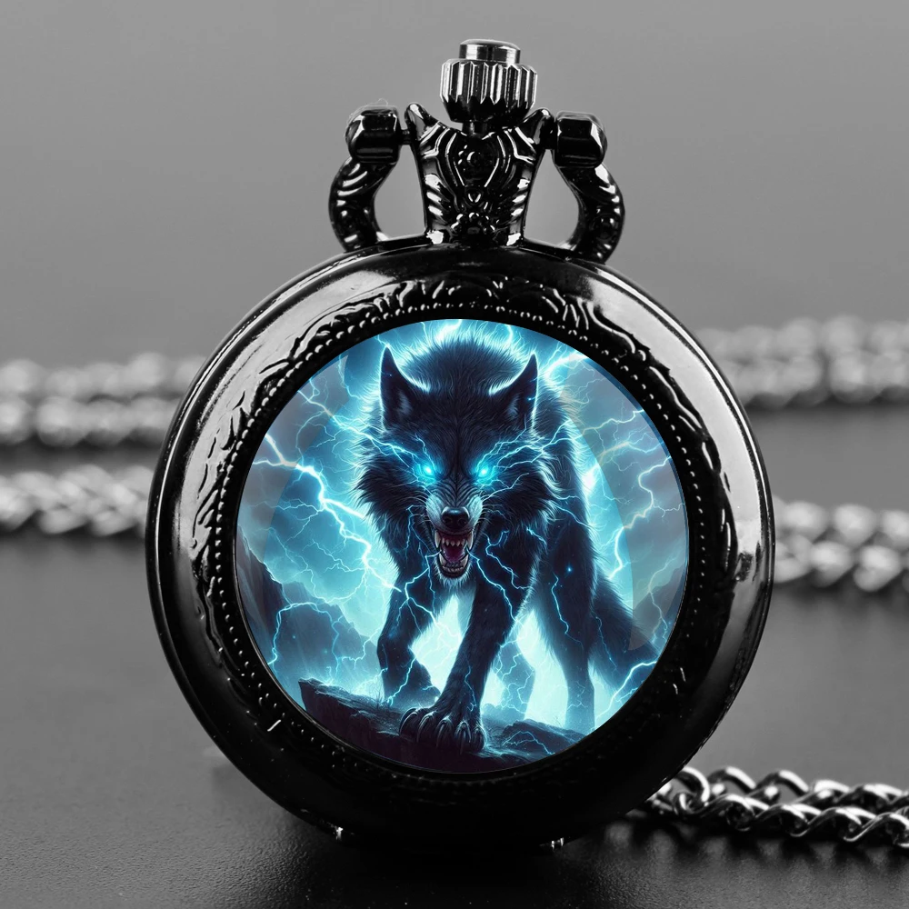 

Lightning Wolf Design Glass Dome Quartz Pocket Watch With Durable Chain Arabic Numeral Dial Creative Gifts for Men Women