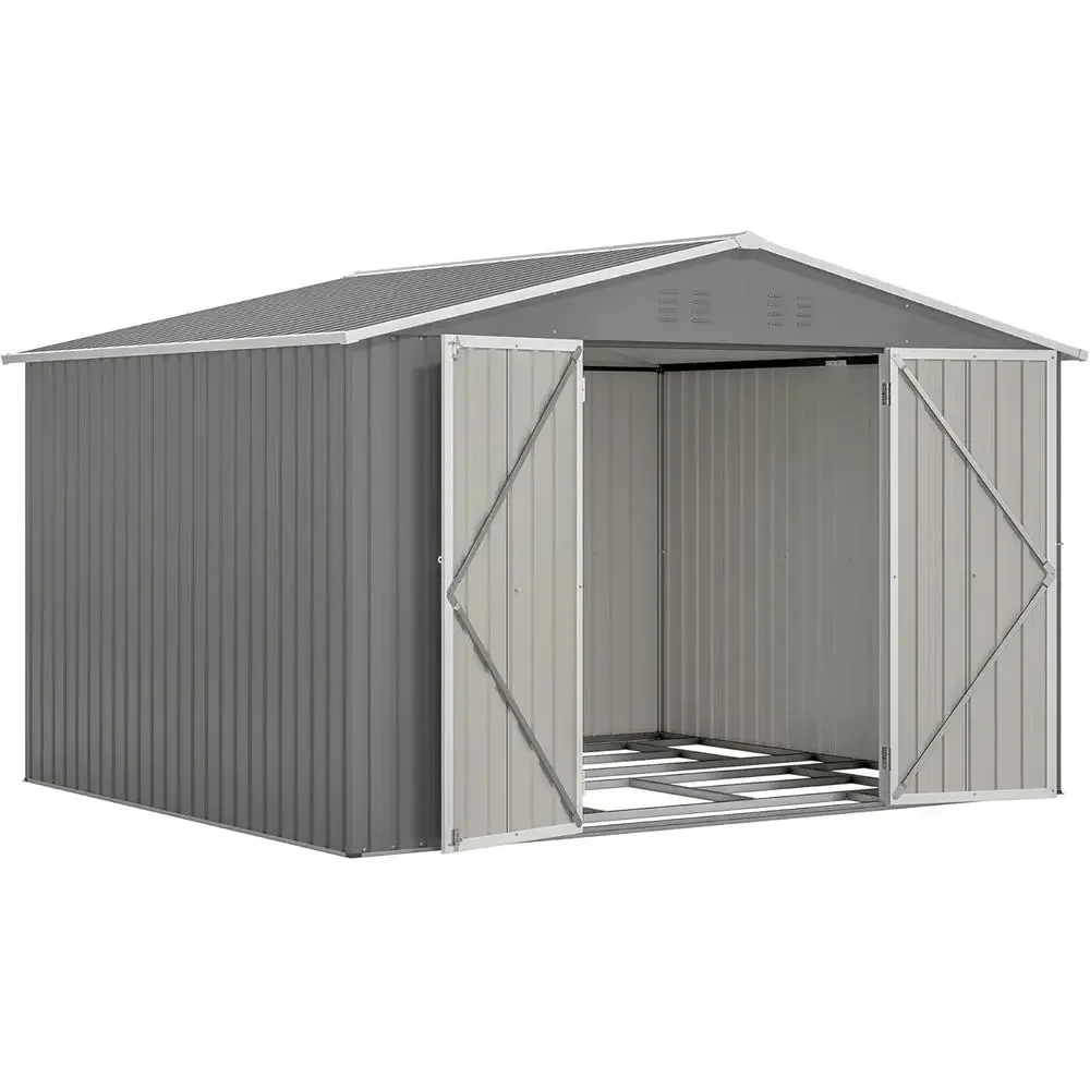 10x8 Metal Outdoor Storage Shed with Floor, Double Air Vents, Lockable Door, and Waterproof Roof for Garden Tools in Gray