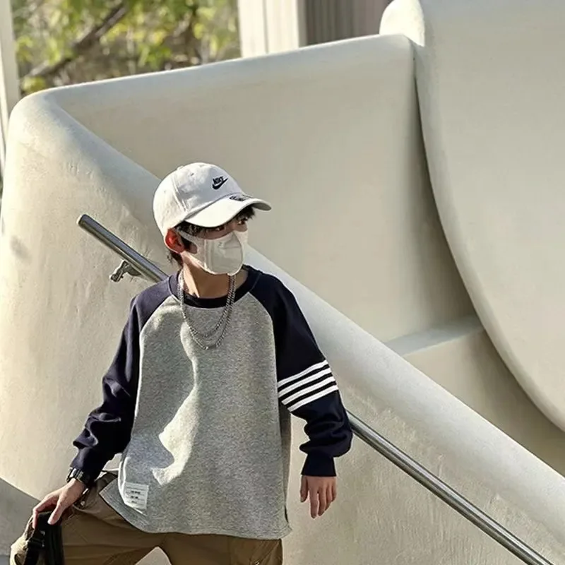 

Spring Autumn Boys Cotton Loose Contrast Striped Basic Sweatshirt School Kids Track Pullover Tops Child Workout Jumper 5-16Years