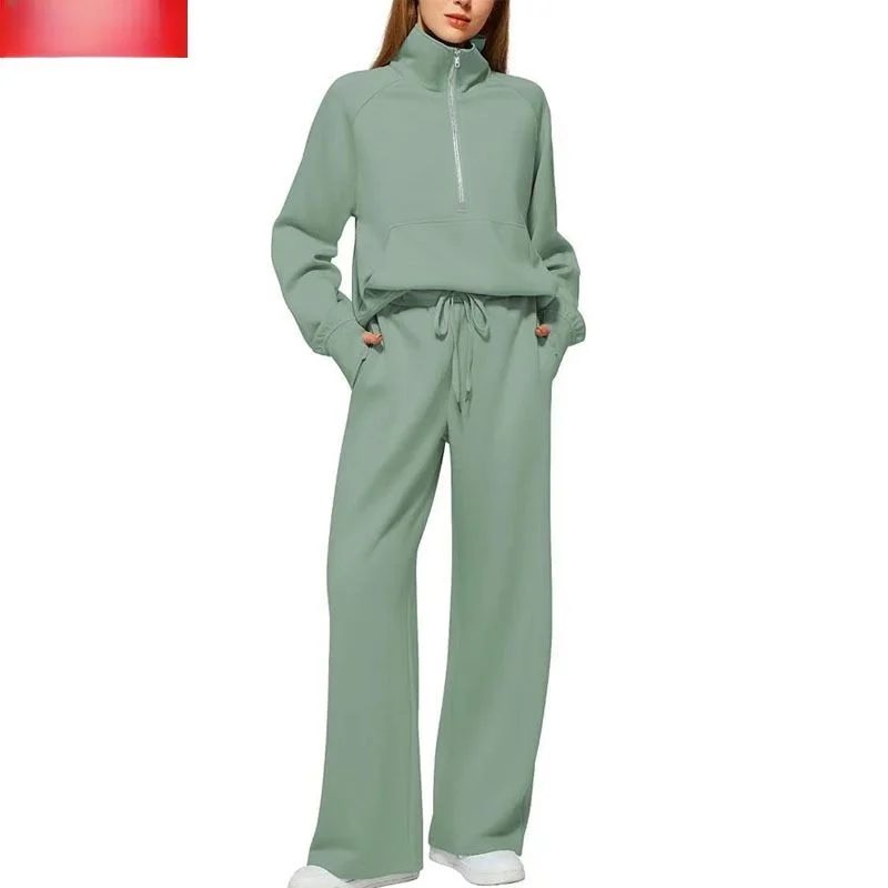 

Women's Two-Piece Set Large Half Zipper Wide Leg Sportswear Casual Outfit Comfortable Long Sleeve T-Shirt Pants Autumn Wear