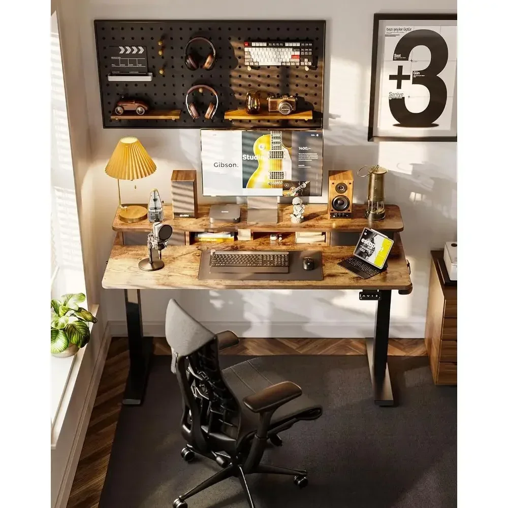 55 x 24 Adjustable Height Electric Desk, Double Desk with Storage Shelf, Rustic Brown