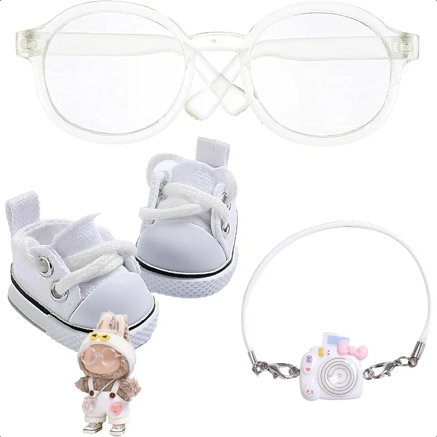 

Набор аксессуаров для кукол для Labubu в комплекте, мини-очки с камерой и мини-обувь, аксессуары для дронов для мини-костюмов 17 см, прозрачные