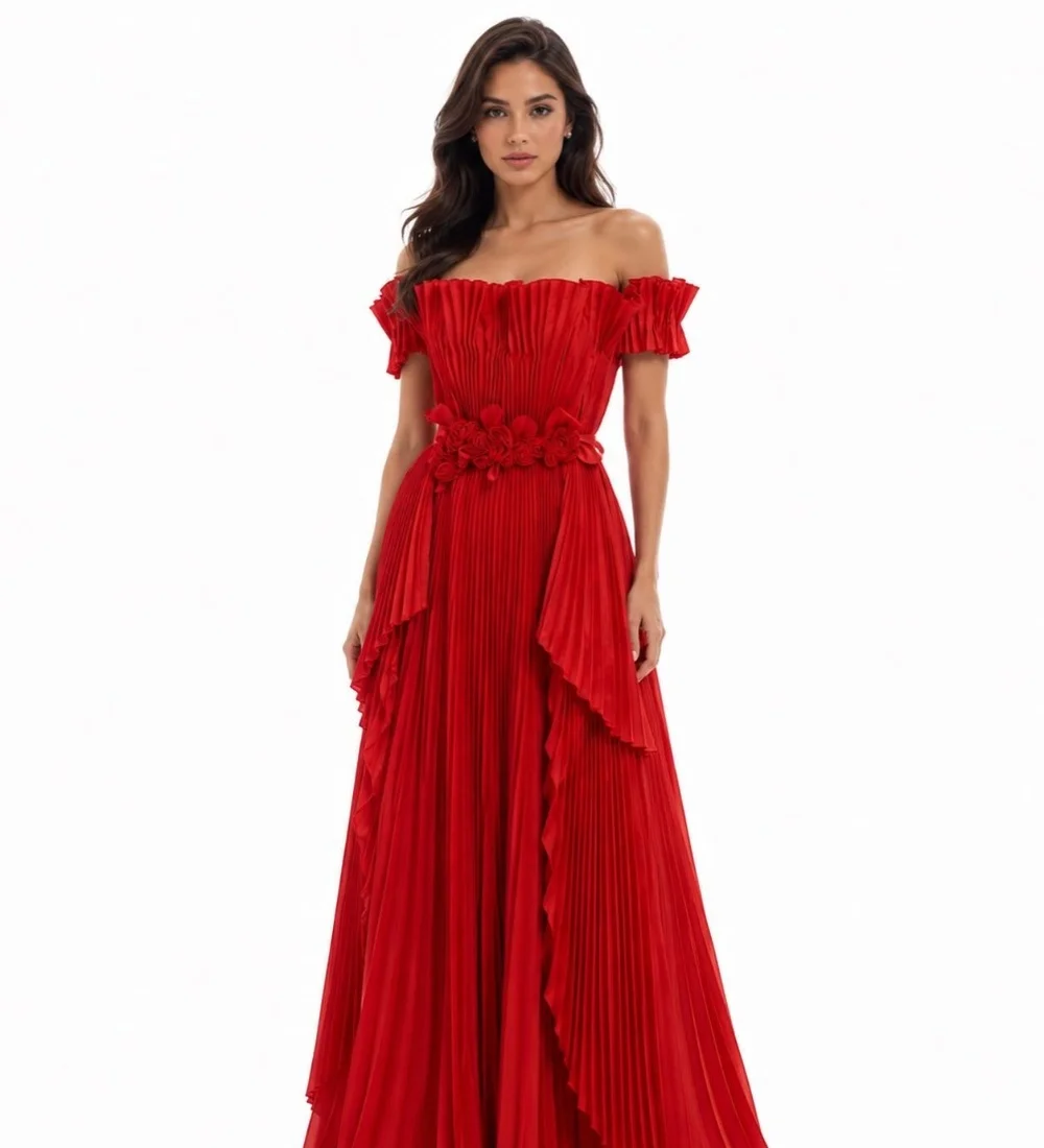 

Customized Red Intricate Matching Draped Handmade Flower A-line Off-the-shoulder Floor-Length Evening Dresses For Wedding Party
