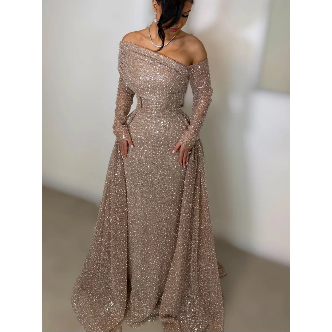 

Exquisite Khaki Sequined Evening Dresses Luxury Beaded Prom Dress Detachable Train Formal Party Gown Gala Vestidos Customized