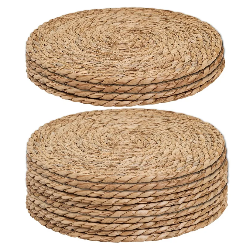 

6pcs/set, Hand-Woven Round Woven Placemats, Boho Rattan Placemats Natural Water Hyacinth Placemats, Farmhouse Weave Place M