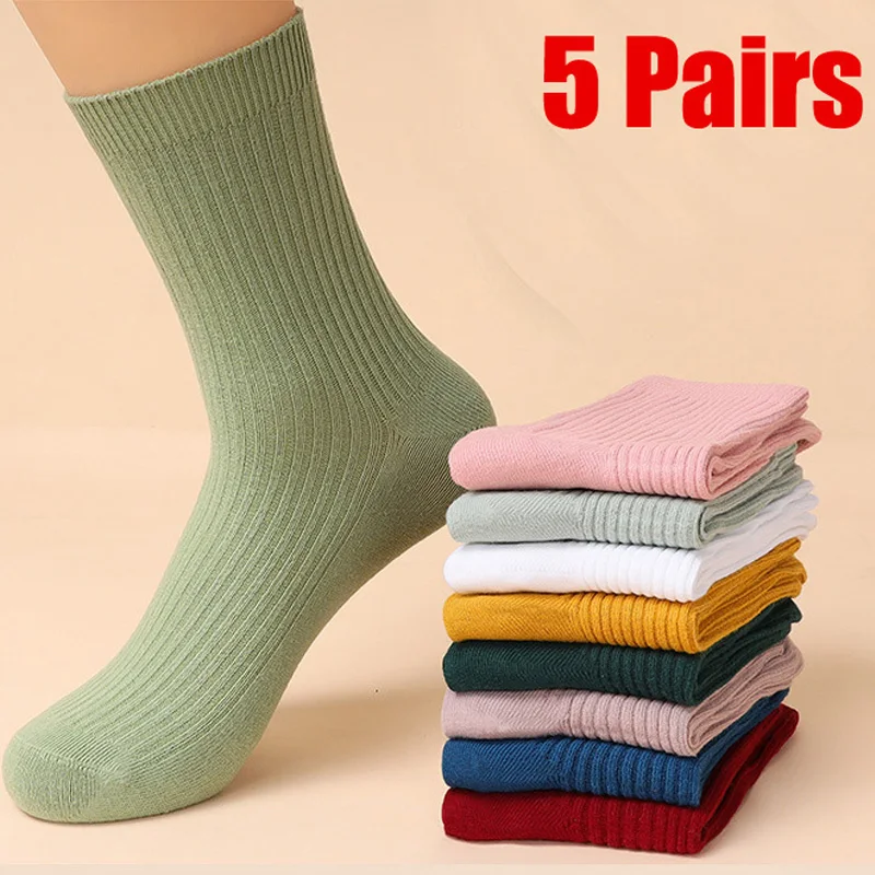 

5 Pairs Casual women socks Solid Color Cotton socks Soft Middle Tube Autumn socks for women funny socks kawaii socks Size 35-40