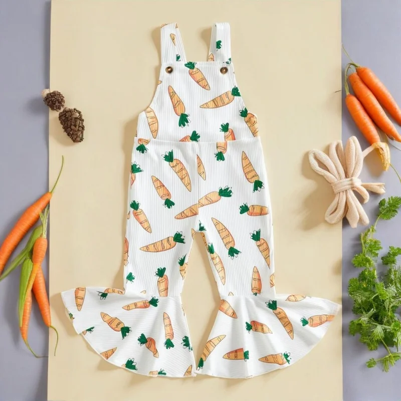 Toddler Girls Easter Jumpsuit Infant Clothes Carrot Pattern Sleeveless Flare Pants Bell Bottoms Baby Girls Romper Streetwear