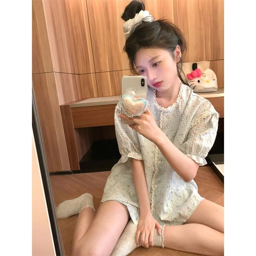 

Sweet Korean Plaid Spwear ort Sve Thin Summer Home Clothes Set for Girls Floral Collar Open Cardigan Cute Homebody Ou...